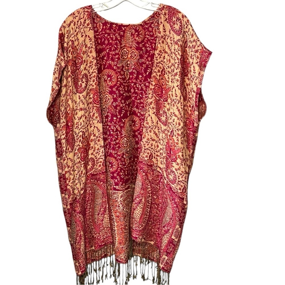 Pashmina Wool Fringe Open Front Kimono Cardigan Burgundy Gold Paisley One Size
